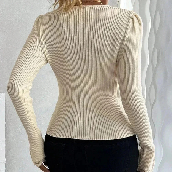Beige Casual Women's Lace Patchwork V-Neck Fitted Knit Sweater - Picture 2 of 8